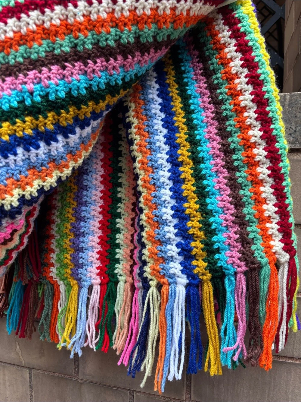 Vintage Handmade Afghan Multicolor Crochet Blanket with Fringe 62in x 37in